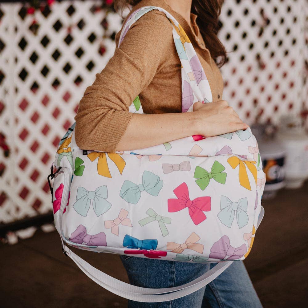 Multicolored Coquette Bows Weekend Duffel w/ Pass-Thru Slip: White