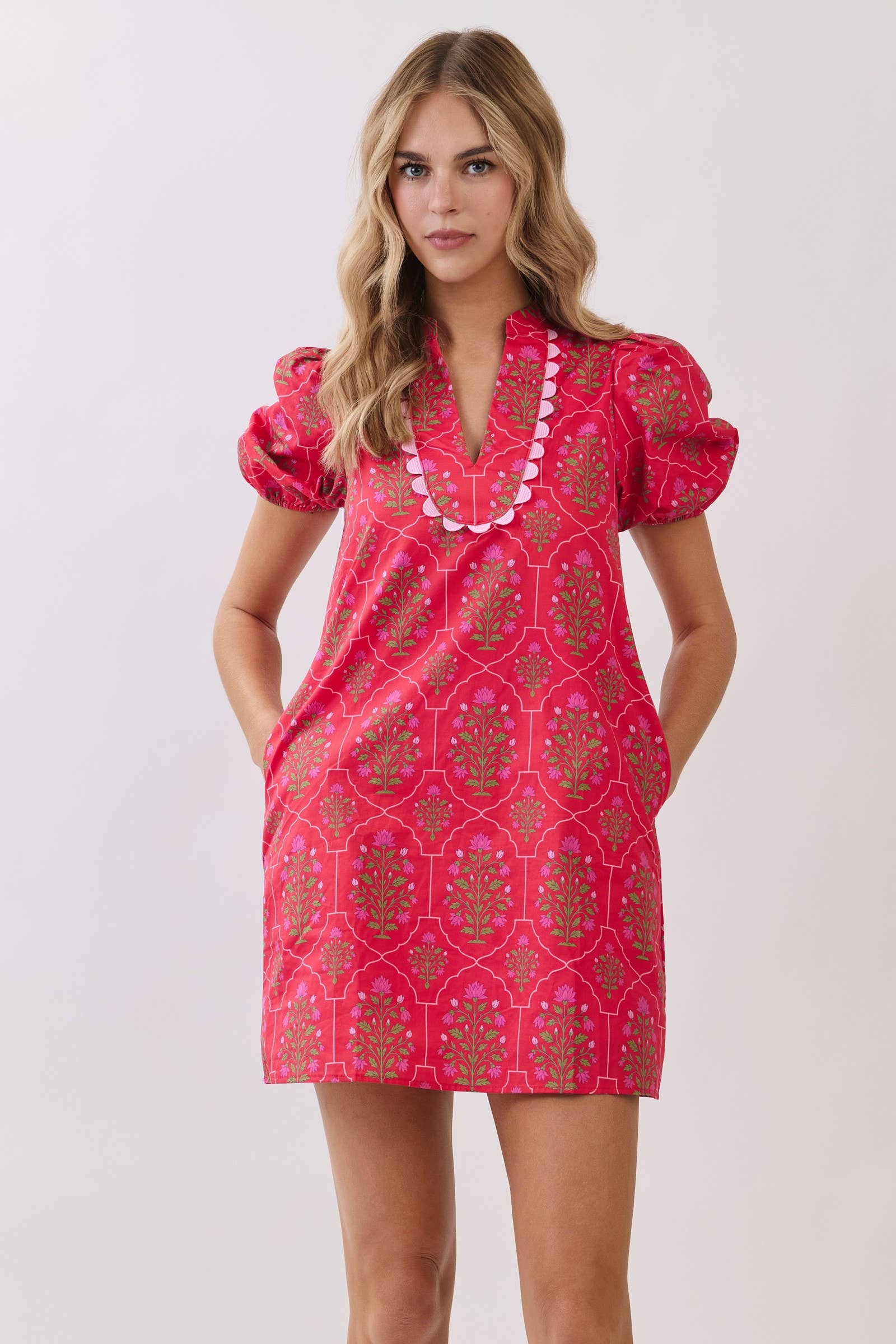 Scallop Trim Detail Berry Floral Mini Dress
