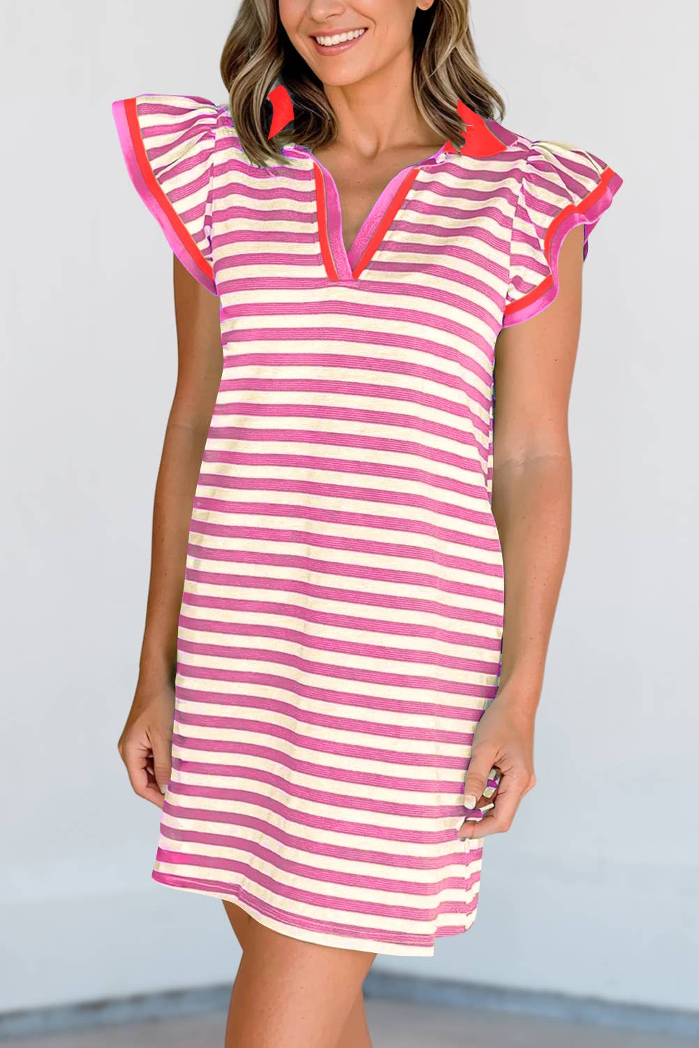 Pink Contrast Striped Ruffle Short Sleeve V-Neck Dress