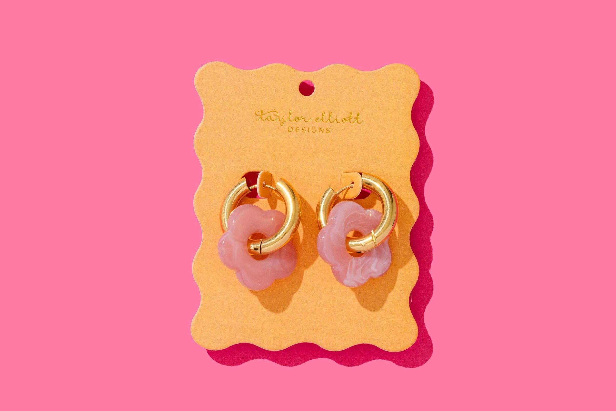 Laurel Huggie Earrings - Gold Hoops + Pink Acrylic Flowers