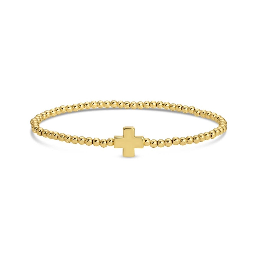 3mm Beaded Stretch Bracelet with Single Balanced Gold Cross