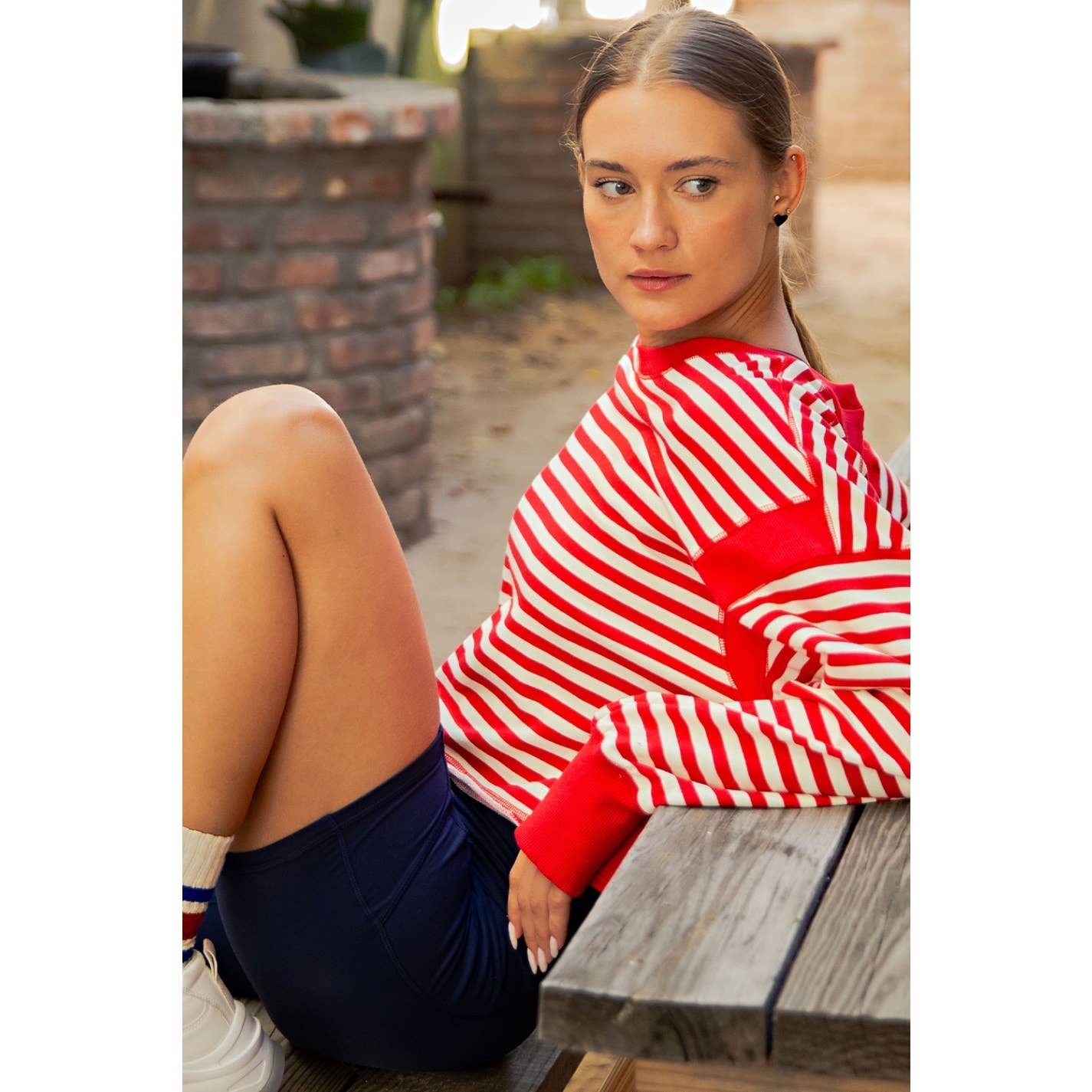 STRIPED OPEN BACK LONG SLEEVE TOP: Red/Ivory