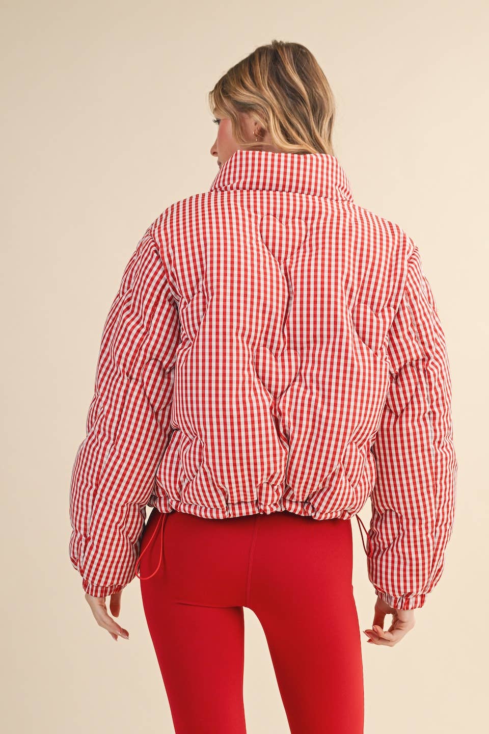 Red Gingham Print Puffer Jacket with Heart Shaped Quilting