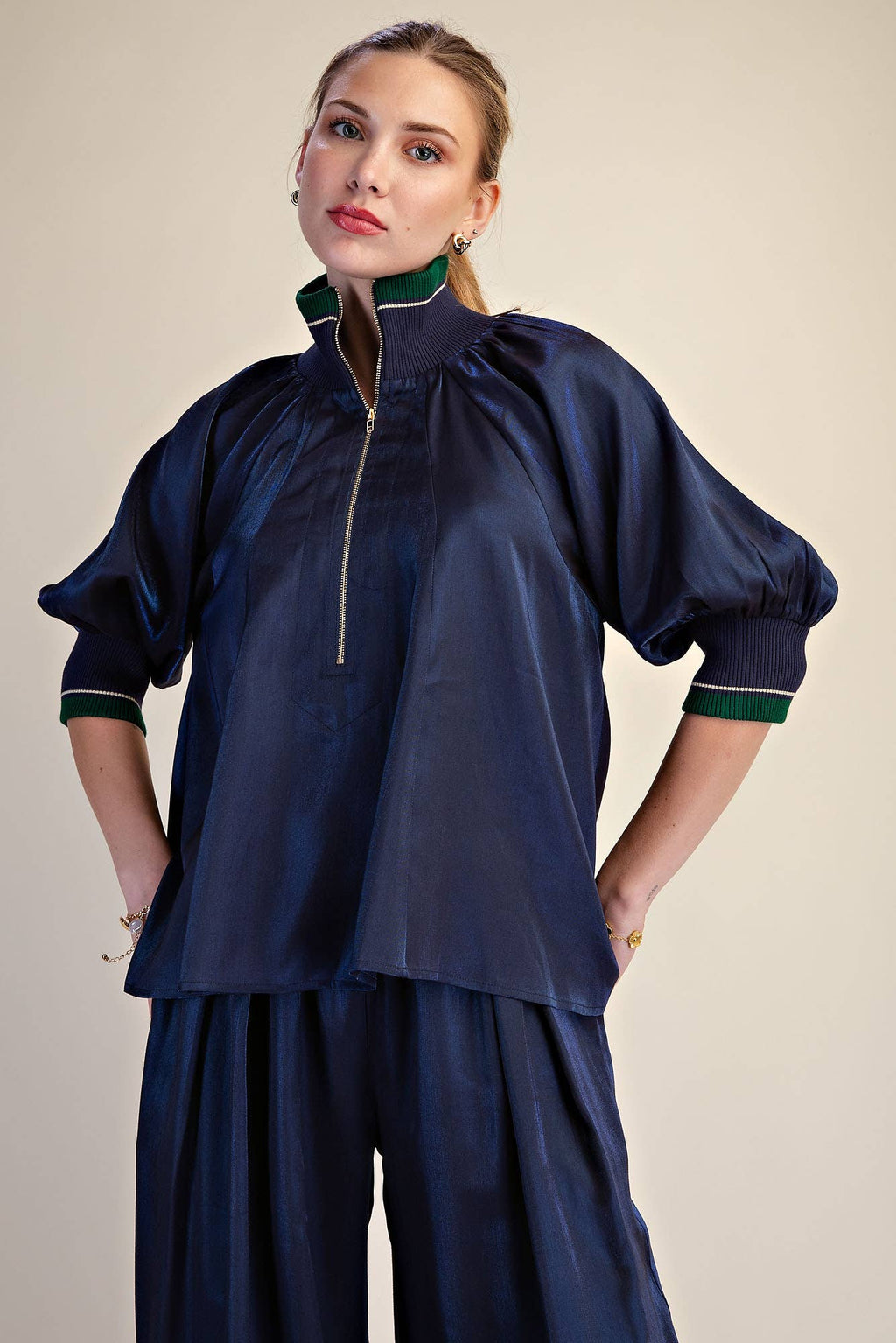 Navy Mock Neck Band Puff Sleeve Blouse