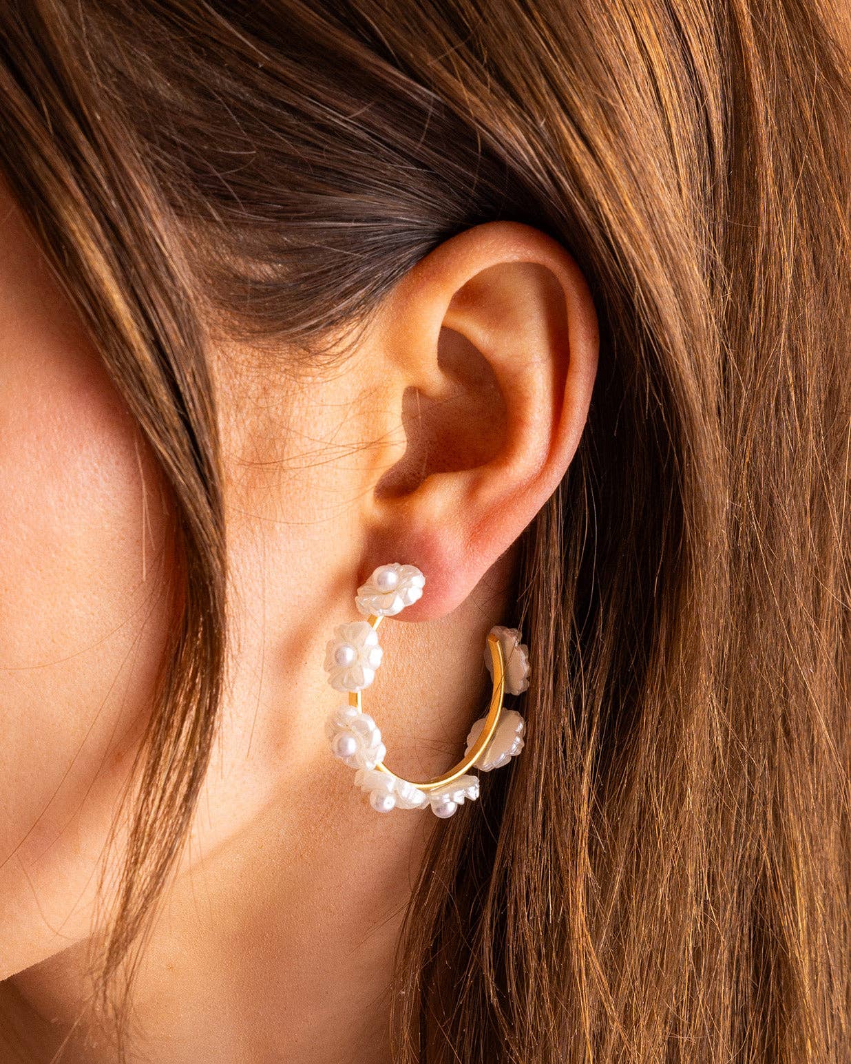 Hoop Earrings - Small - Gold-Plated w/Pearl Flowers - Amelia
