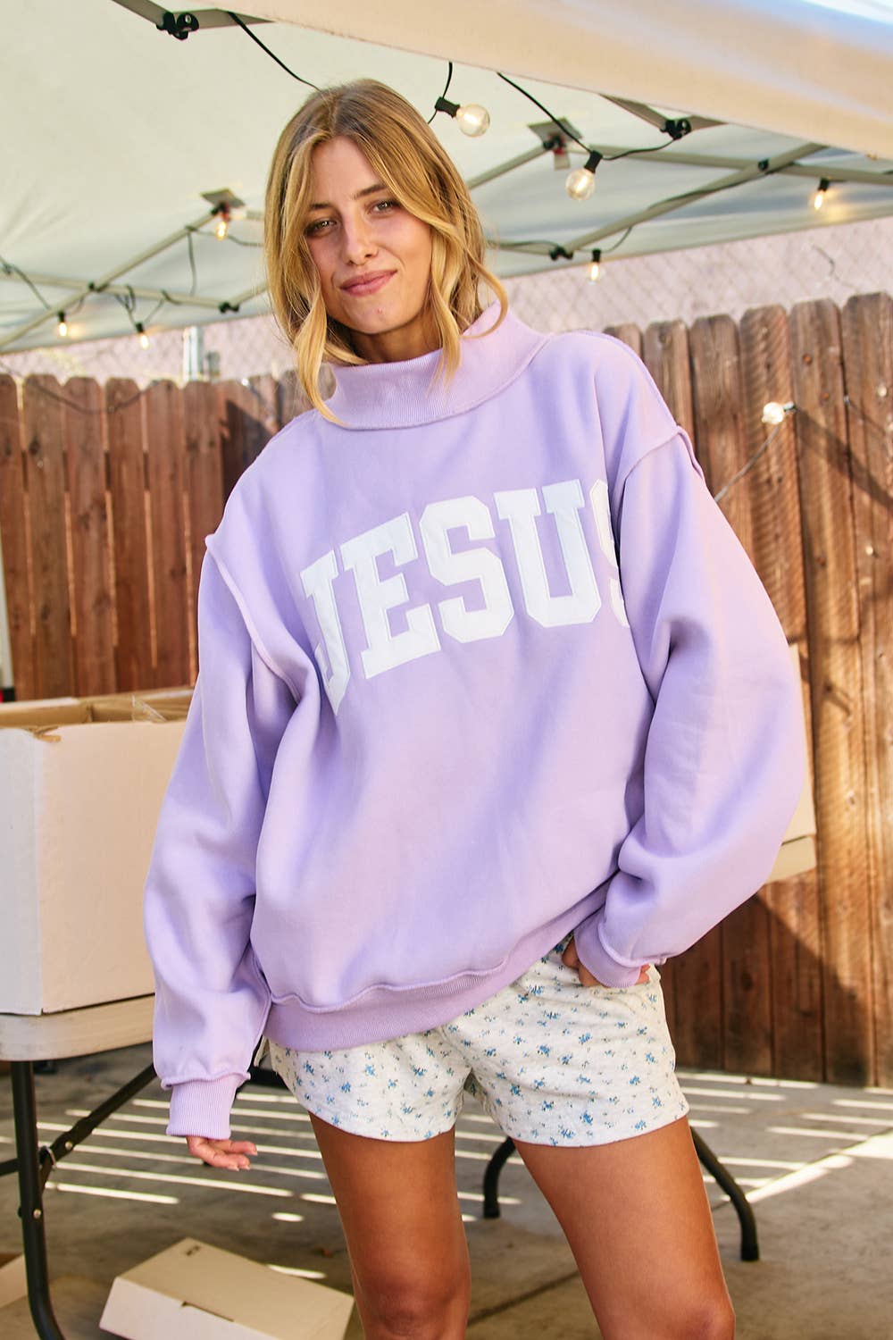 JESUS Embroidered Mock Neck Sweatshirt | LAVENDER