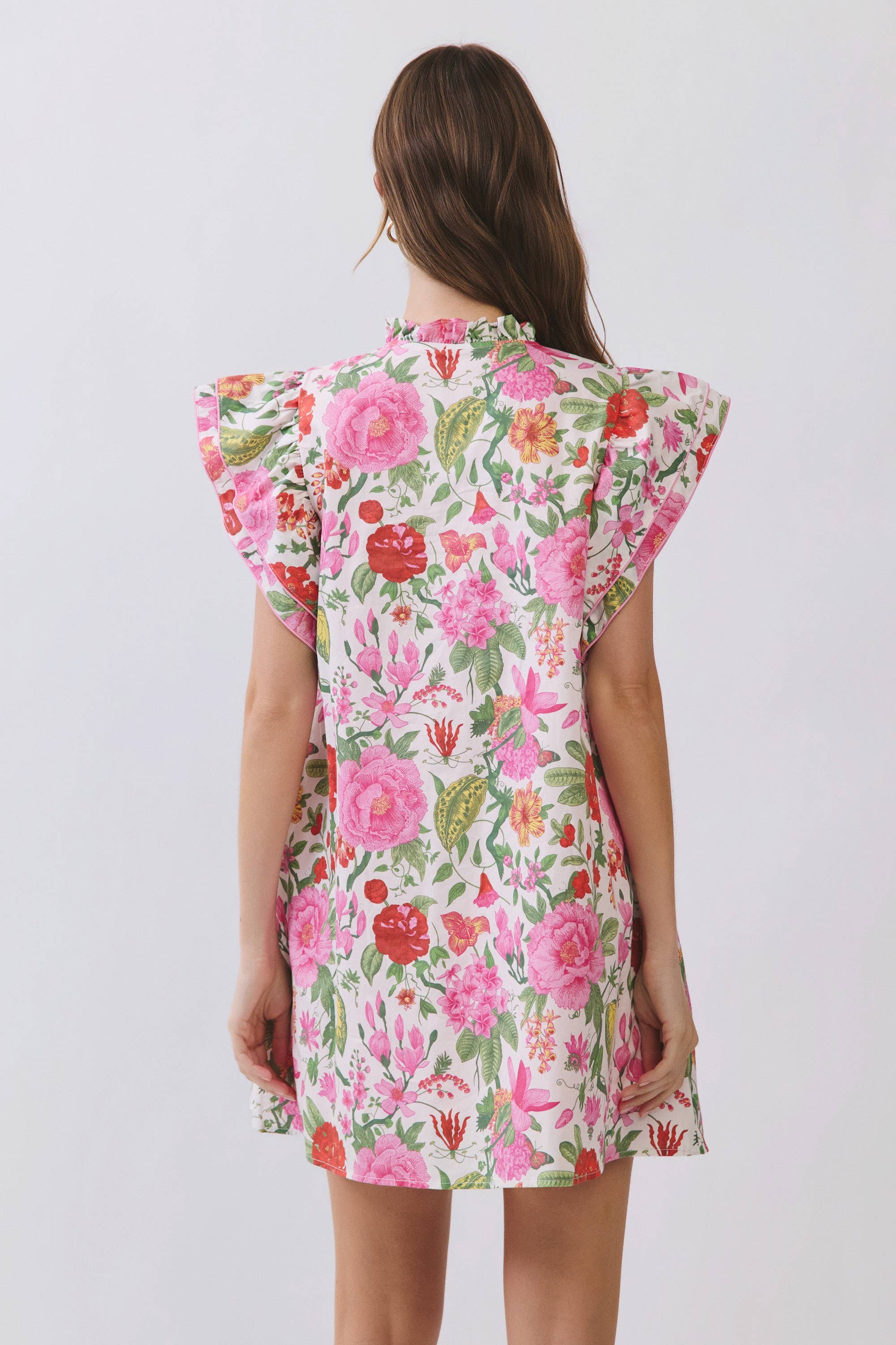 Pink Floral Loop Button Detail Ruffle Sleeve Mini Dress