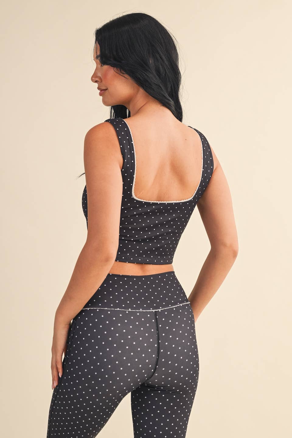 Black Polka Dot Print Crop Tank with Lace Trim