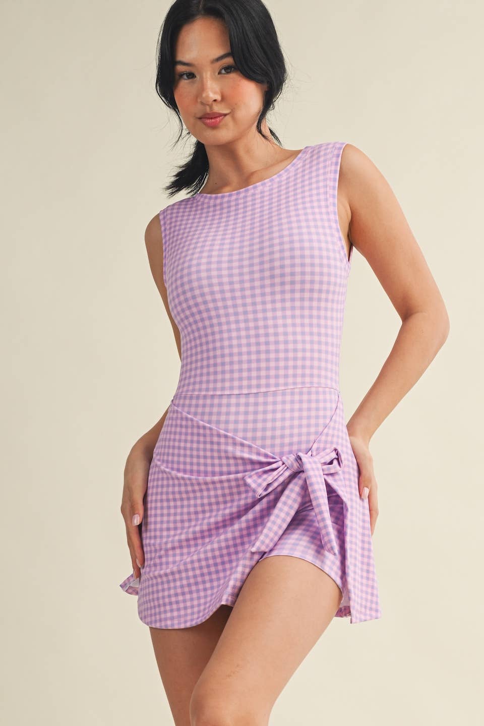 Pink Gingham Print Sleeveless Wrap Tie Front Dress