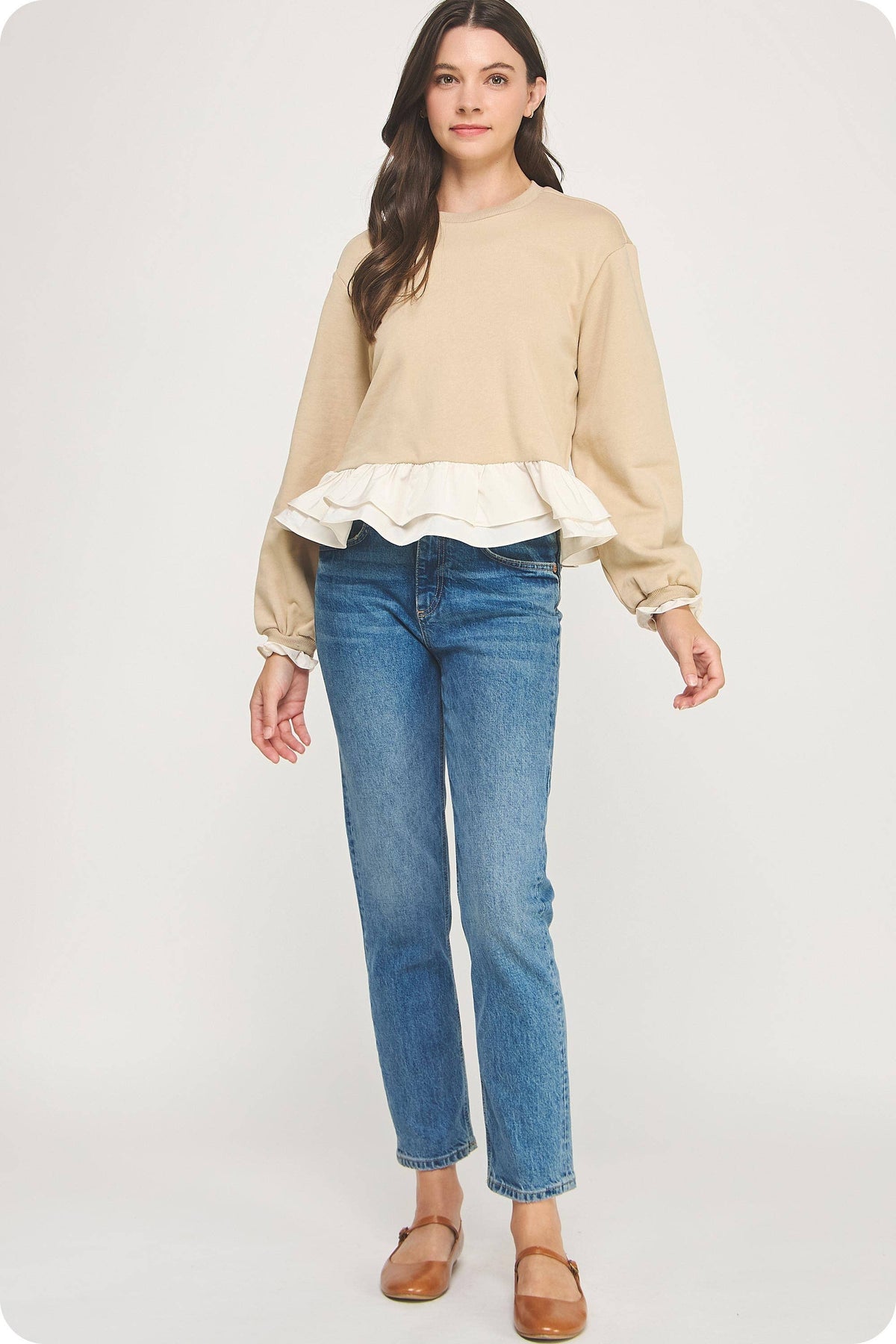 Contrast Ruffle Hem Crewneck Sweatshirt