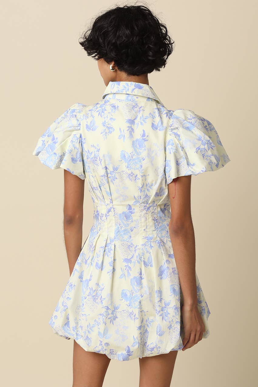 Elain Puff-Sleeve Floral Mini Bubble Dress | Cream Blue