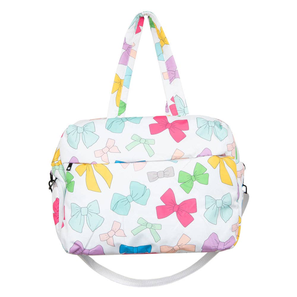 Multicolored Coquette Bows Weekend Duffel w/ Pass-Thru Slip: White