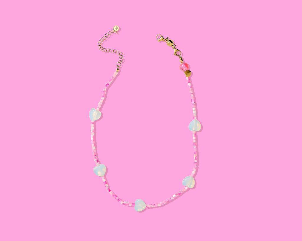 Amore Beaded Necklace - Pink w/ Opalite Hearts