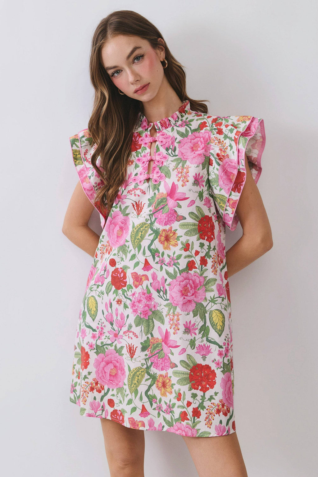 Pink Floral Loop Button Detail Ruffle Sleeve Mini Dress