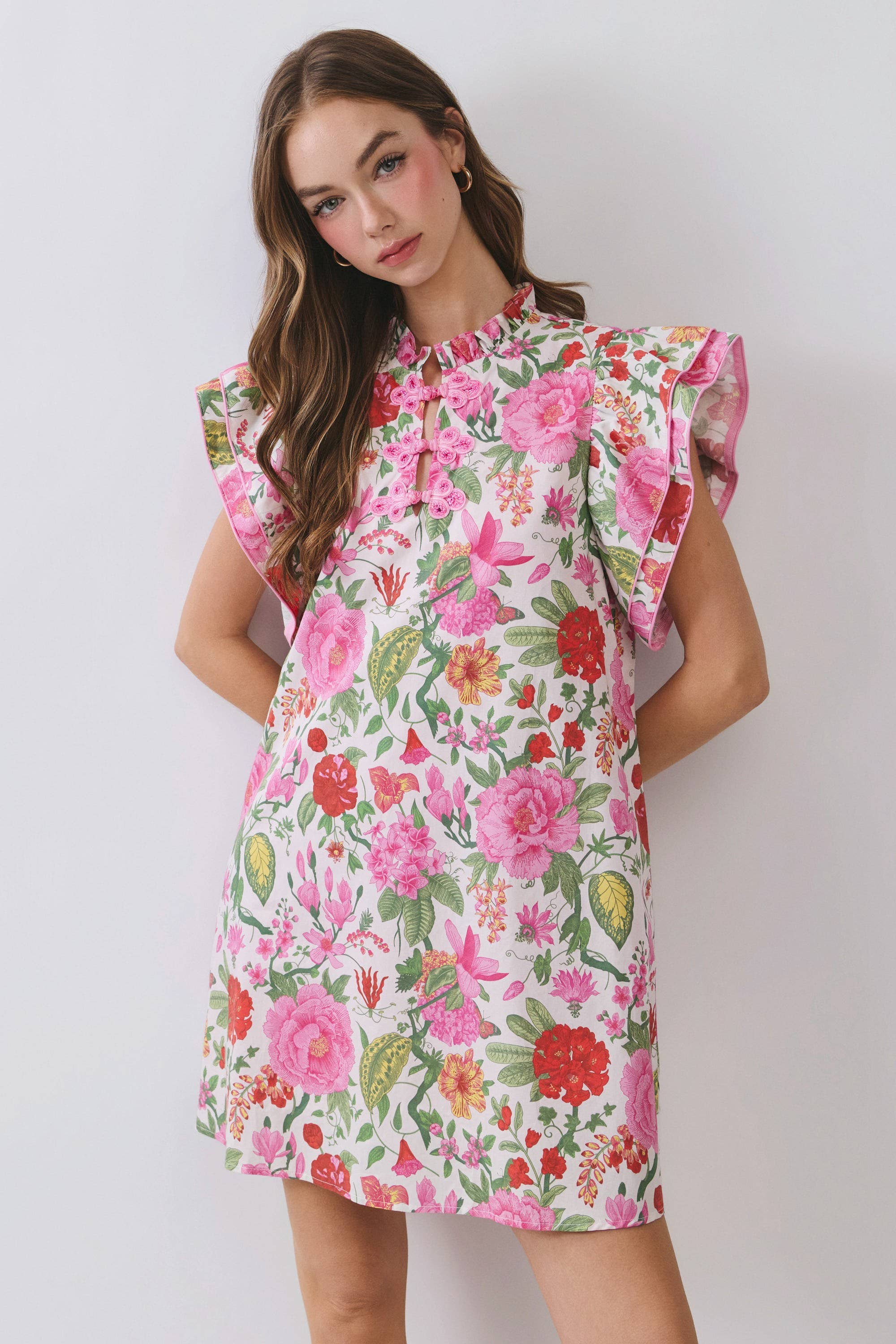 Pink Floral Loop Button Detail Ruffle Sleeve Mini Dress