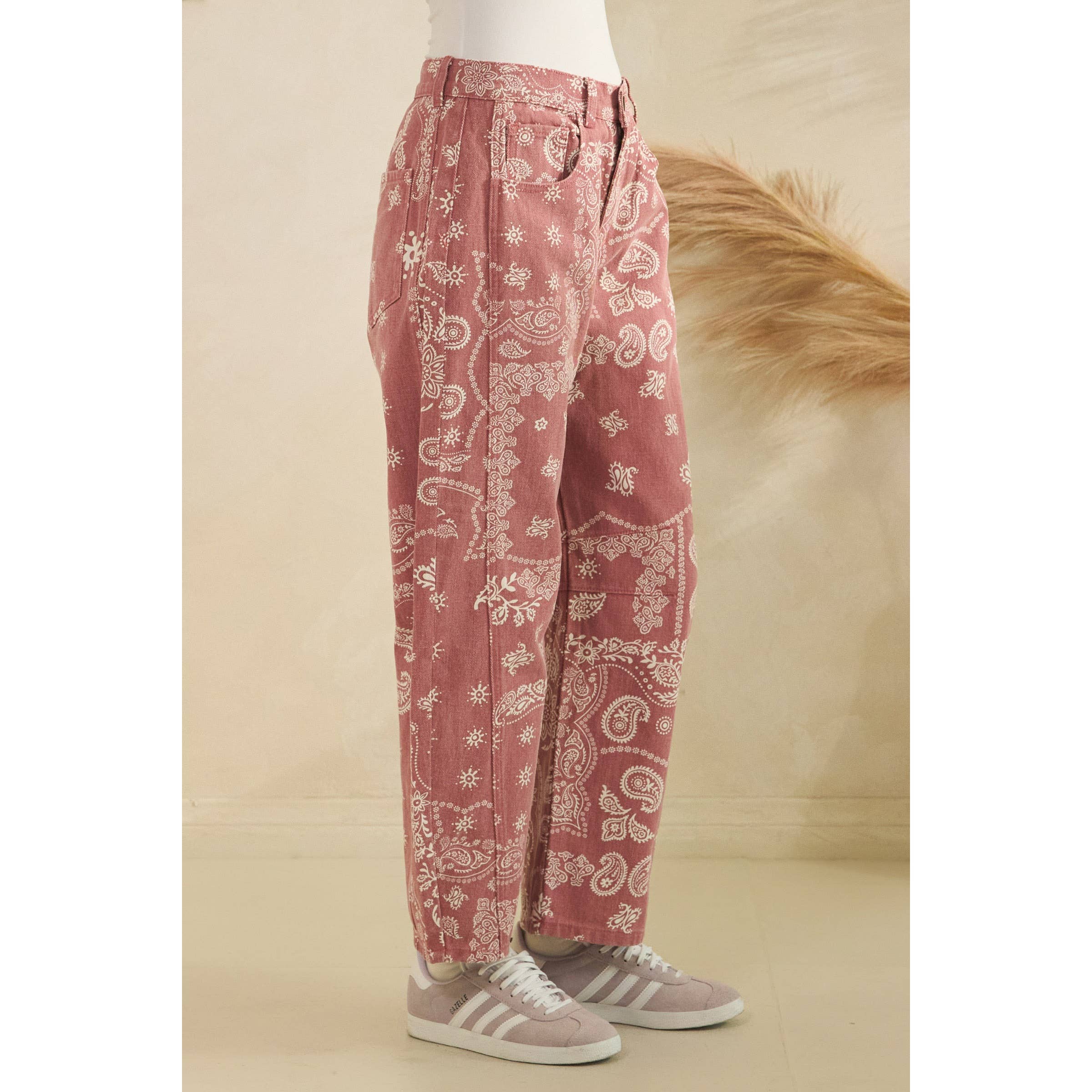 Paisley Printed Denim Pants | Red