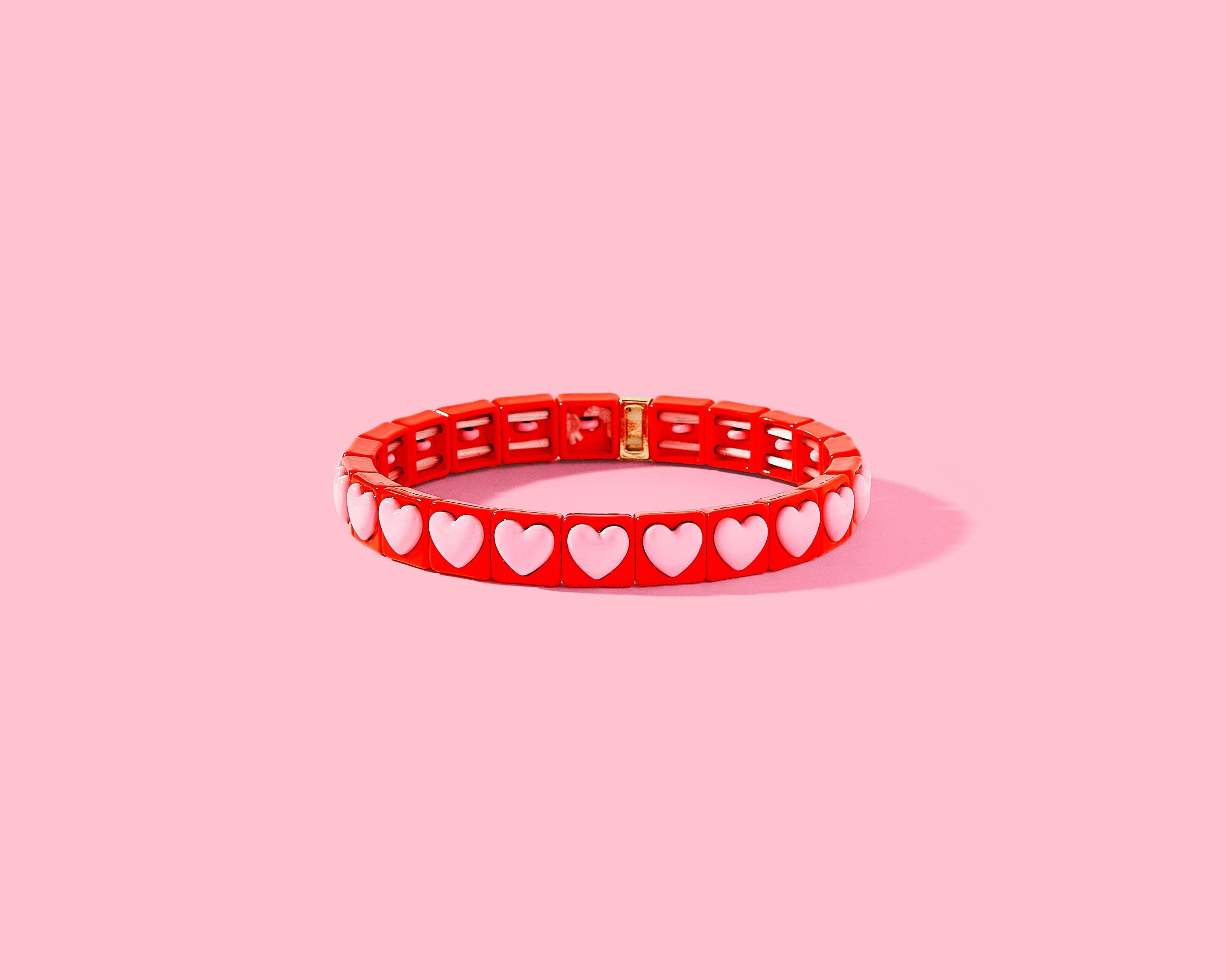 Hartley | Stretch Bracelet | Red Enamel w/Pink Bead Hearts