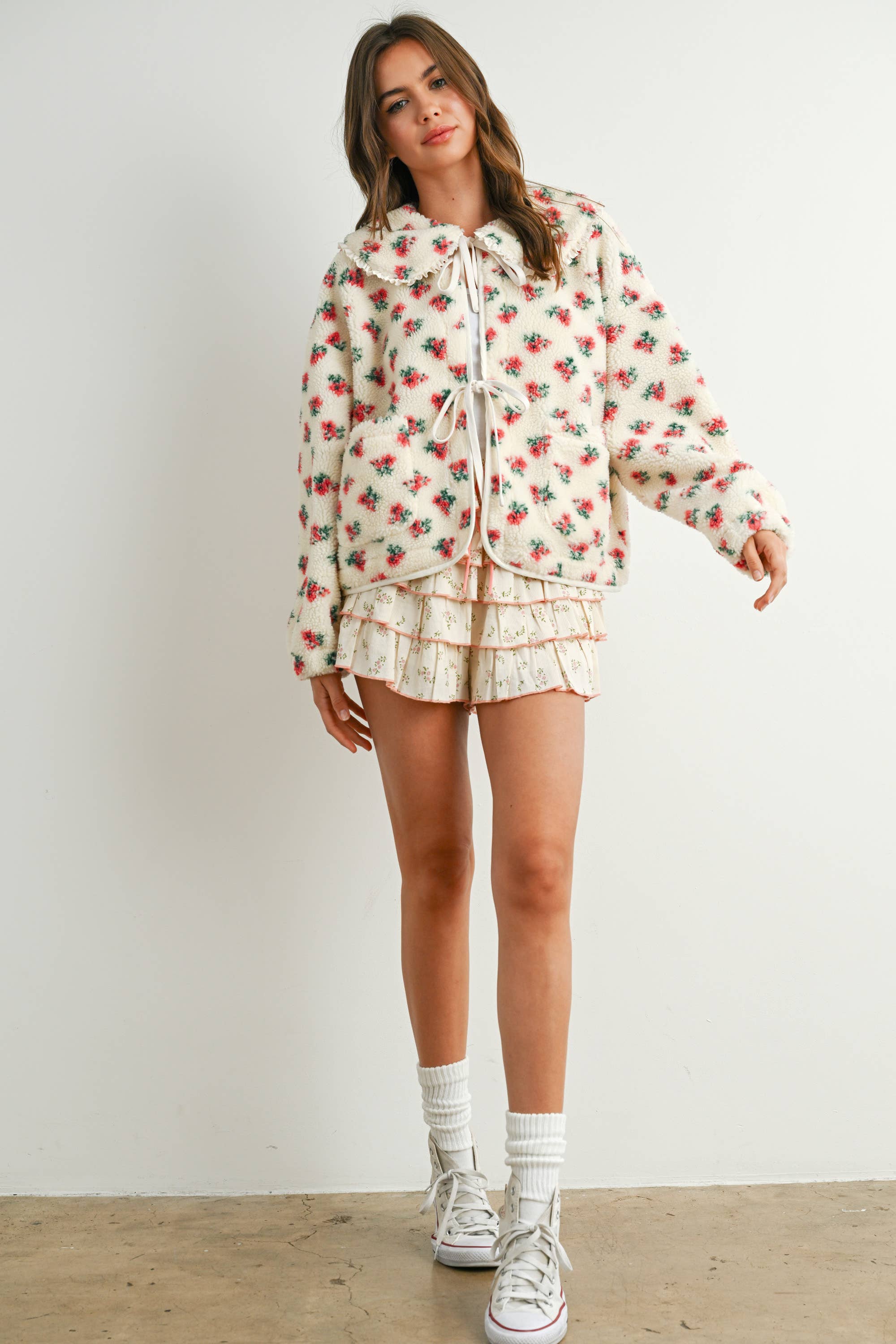 Floral Puffy Tie-Front Sherpa Jacket