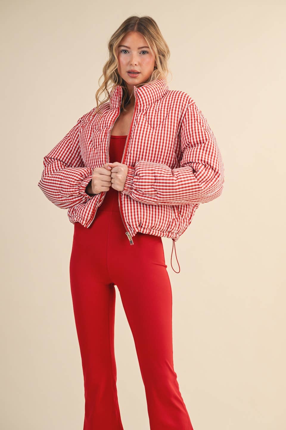 Red Gingham Print Puffer Jacket with Heart Shaped Quilting