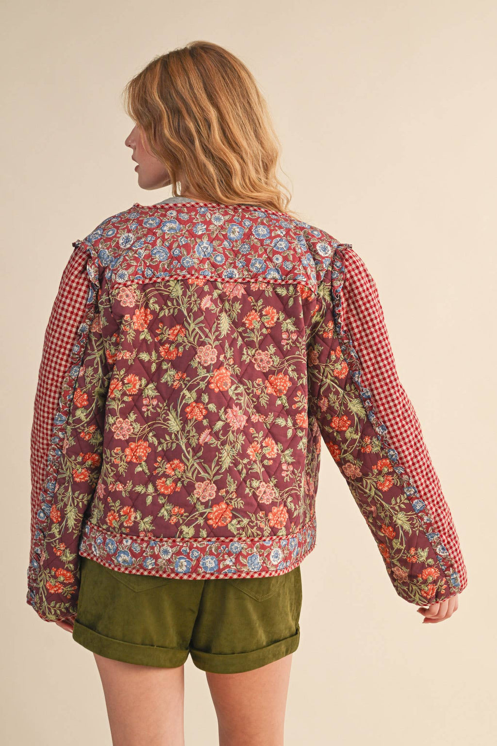 BURGUNDY MIXED PRINT QUILTED JACKET WITH RUFFLE TRIM