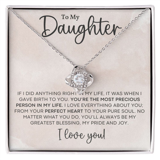 To my Daughter from Mom Love Knot necklace abstract pink design