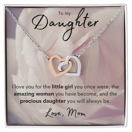 To my Daughter from Mom Interlocking Hearts necklace light rose design